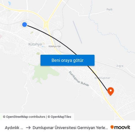 Aydınlık Cd to Dumlupınar Üniversitesi Germiyan Yerleşkesi map