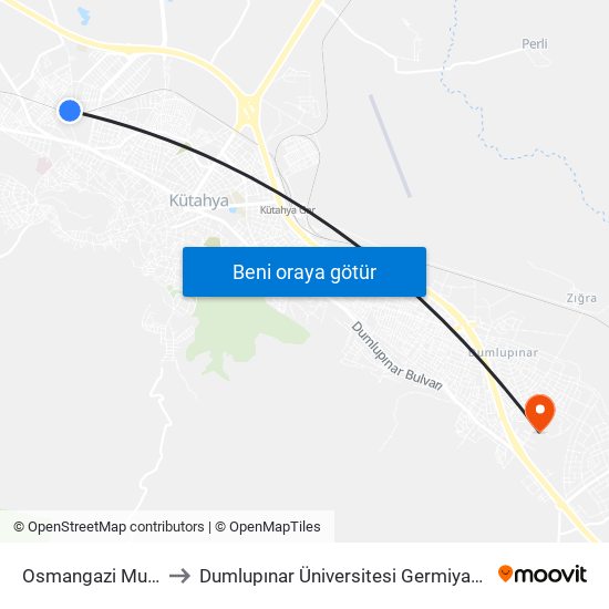 Osmangazi Muhtarlık to Dumlupınar Üniversitesi Germiyan Yerleşkesi map