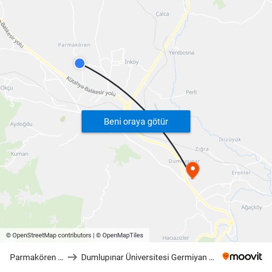 Parmakören Giriş to Dumlupınar Üniversitesi Germiyan Yerleşkesi map