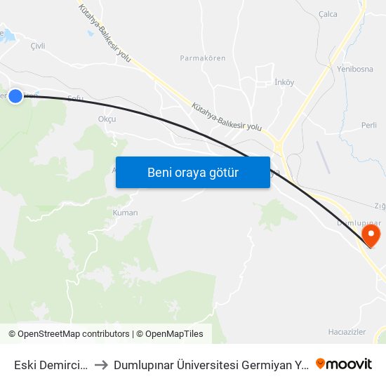 Eski Demirciören to Dumlupınar Üniversitesi Germiyan Yerleşkesi map