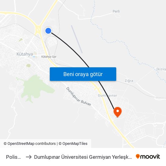 Polisevi to Dumlupınar Üniversitesi Germiyan Yerleşkesi map