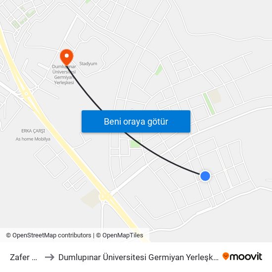 Zafer Cd to Dumlupınar Üniversitesi Germiyan Yerleşkesi map