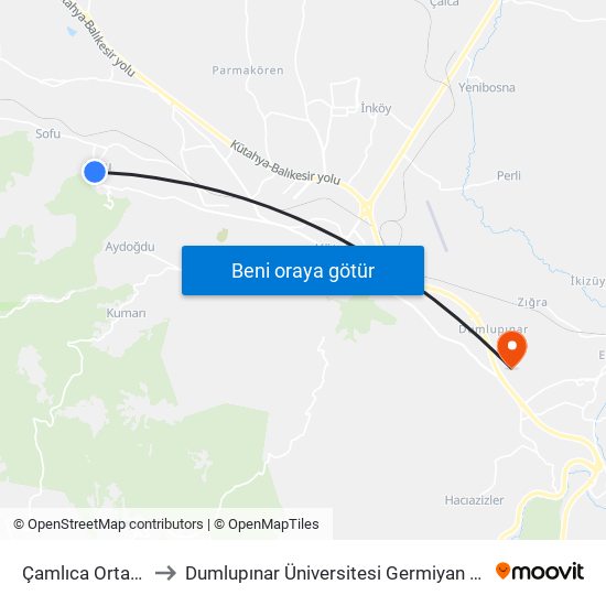 Çamlıca Ortaokulu to Dumlupınar Üniversitesi Germiyan Yerleşkesi map