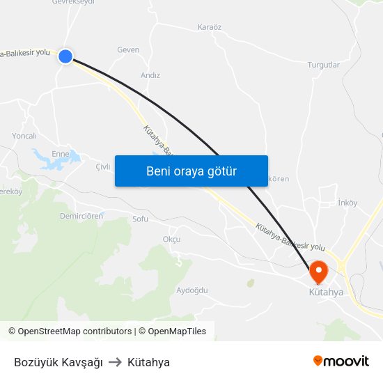 Bozüyük Kavşağı to Kütahya map