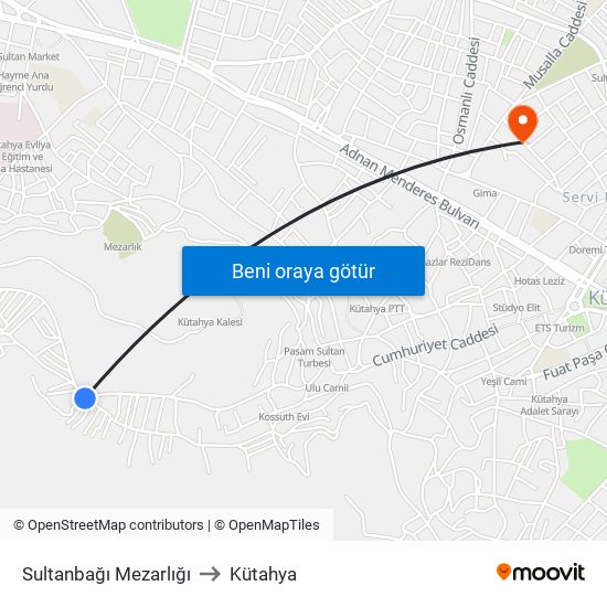 Sultanbağı Mezarlığı to Kütahya map