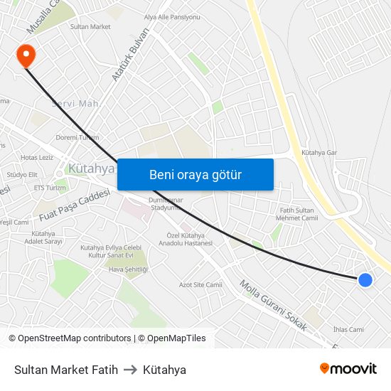 Sultan Market Fatih to Kütahya map