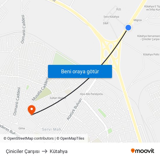 Çiniciler Çarşısı to Kütahya map