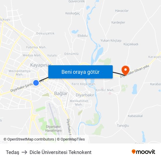 Tedaş to Dicle Üniversitesi Teknokent map