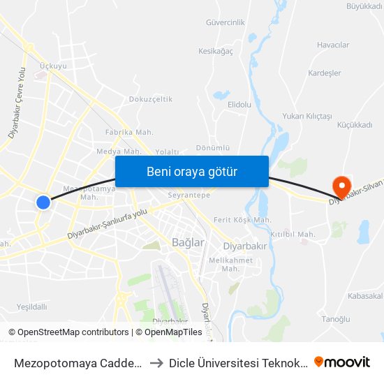 Mezopotomaya Caddesi 5 to Dicle Üniversitesi Teknokent map