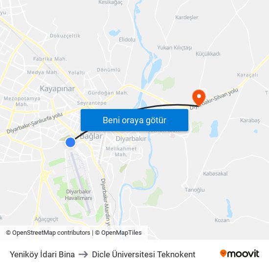 Yeniköy İdari Bina to Dicle Üniversitesi Teknokent map