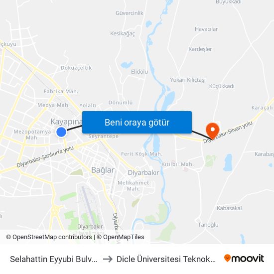 Selahattin Eyyubi Bulvarı to Dicle Üniversitesi Teknokent map