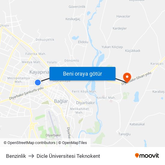 Benzinlik to Dicle Üniversitesi Teknokent map