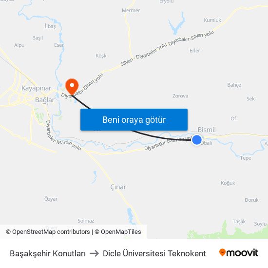 Başakşehir Konutları to Dicle Üniversitesi Teknokent map