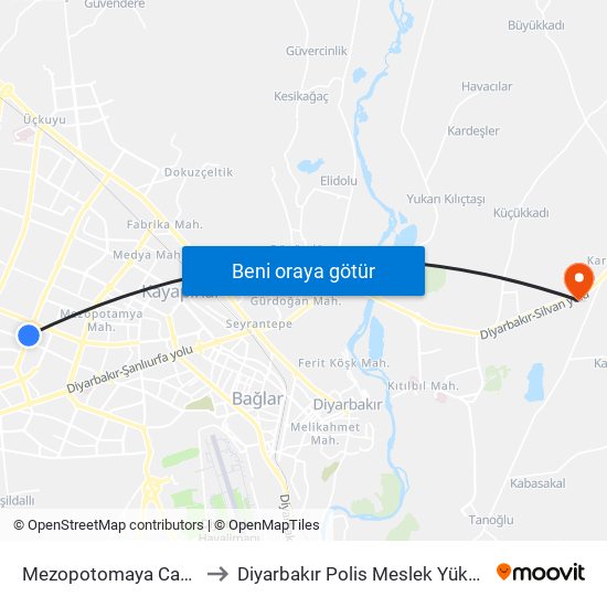 Mezopotomaya Caddesi 5 to Diyarbakır Polis Meslek Yüksek Okulu map