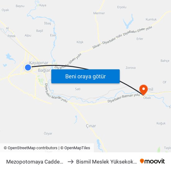 Mezopotomaya Caddesi 5 to Bismil Meslek Yüksekokulu map