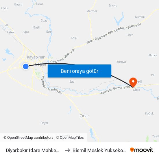 Diyarbakır İdare Mahkemesi to Bismil Meslek Yüksekokulu map