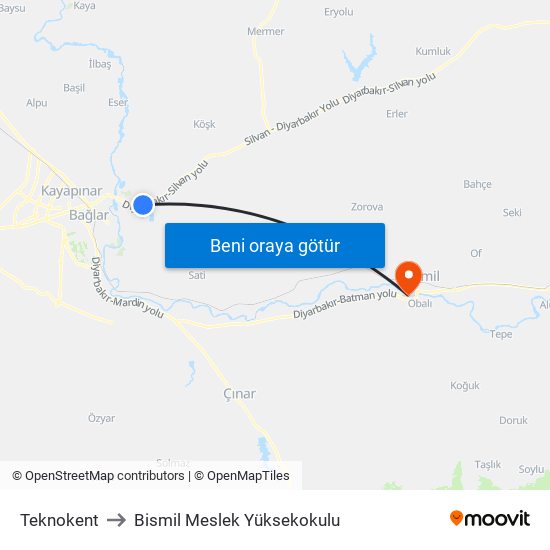 Teknokent to Bismil Meslek Yüksekokulu map