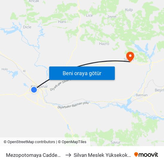 Mezopotomaya Caddesi 5 to Silvan Meslek Yüksekokulu map