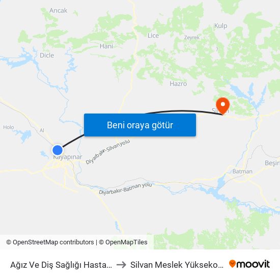 Ağız Ve Diş Sağlığı Hastanesi to Silvan Meslek Yüksekokulu map