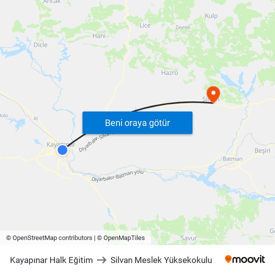 Kayapınar Halk Eğitim to Silvan Meslek Yüksekokulu map