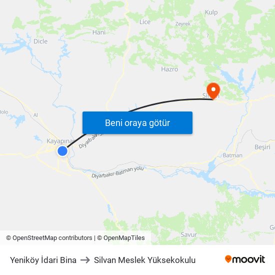 Yeniköy İdari Bina to Silvan Meslek Yüksekokulu map