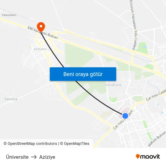 Üniversite to Aziziye map