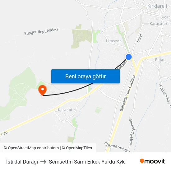 İstiklal Durağı to Semsettin Sami Erkek Yurdu Kyk map