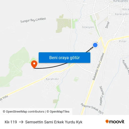 Kk-119 to Semsettin Sami Erkek Yurdu Kyk map