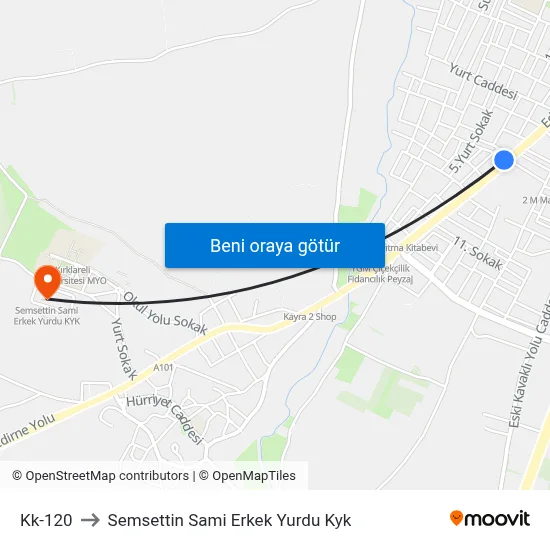 Kk-120 to Semsettin Sami Erkek Yurdu Kyk map