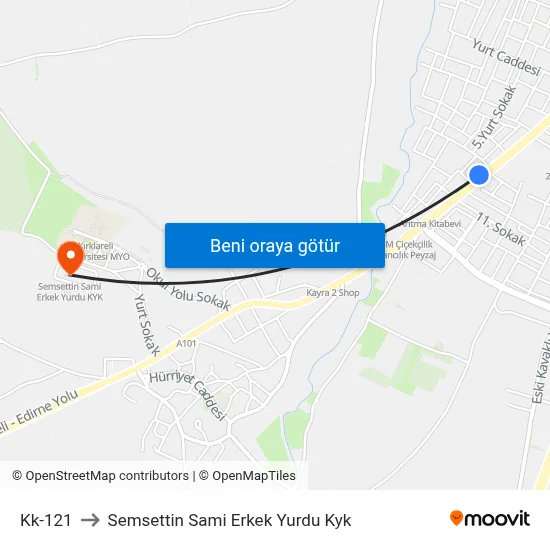 Kk-121 to Semsettin Sami Erkek Yurdu Kyk map