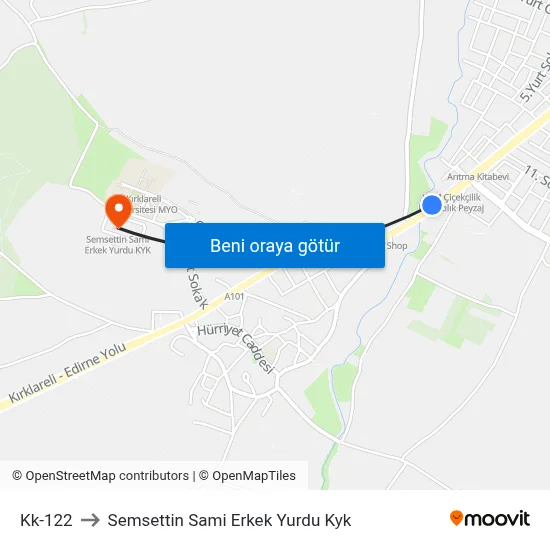 Kk-122 to Semsettin Sami Erkek Yurdu Kyk map
