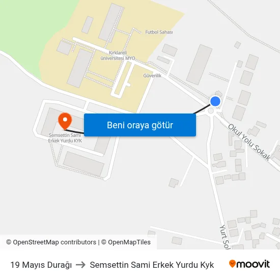 19 Mayıs Durağı to Semsettin Sami Erkek Yurdu Kyk map