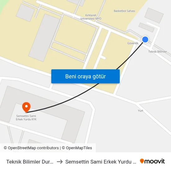 Teknik Bilimler Durağı to Semsettin Sami Erkek Yurdu Kyk map