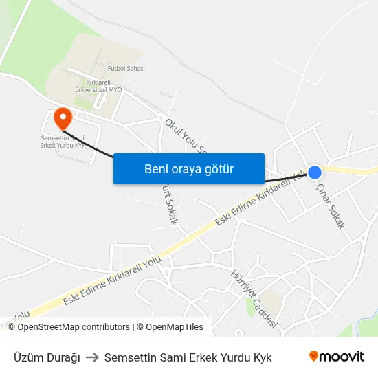 Üzüm Durağı to Semsettin Sami Erkek Yurdu Kyk map