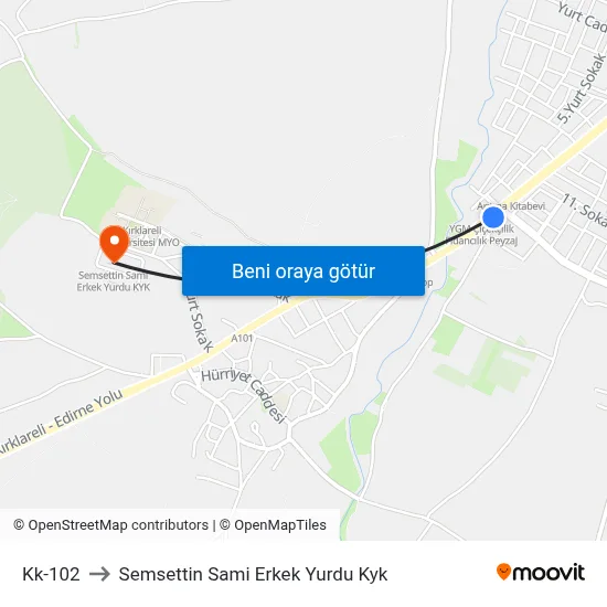 Kk-102 to Semsettin Sami Erkek Yurdu Kyk map