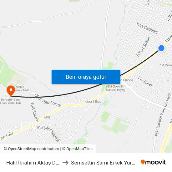 Halil İbrahim Aktaş Durağı to Semsettin Sami Erkek Yurdu Kyk map