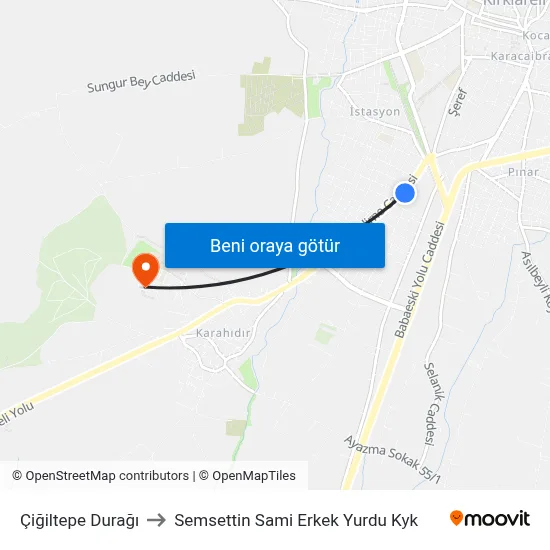 Çiğiltepe Durağı to Semsettin Sami Erkek Yurdu Kyk map