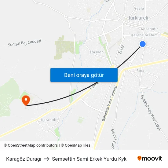 Karagöz Durağı to Semsettin Sami Erkek Yurdu Kyk map
