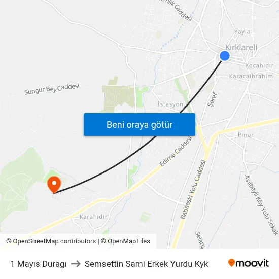 1 Mayıs Durağı to Semsettin Sami Erkek Yurdu Kyk map