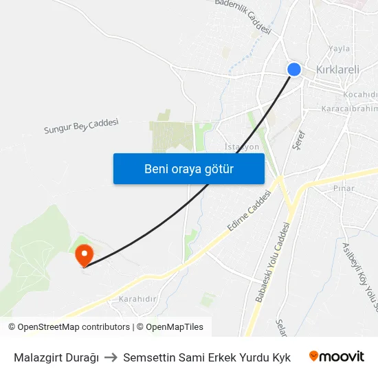 Malazgirt Durağı to Semsettin Sami Erkek Yurdu Kyk map