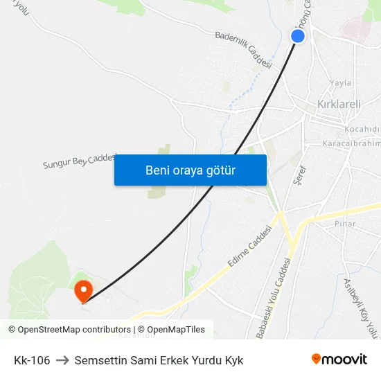 Kk-106 to Semsettin Sami Erkek Yurdu Kyk map
