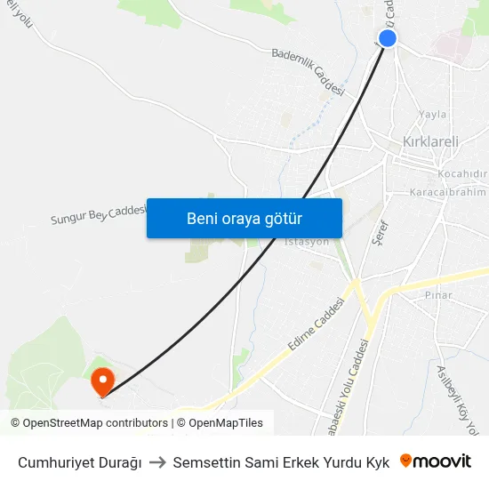 Cumhuriyet Durağı to Semsettin Sami Erkek Yurdu Kyk map