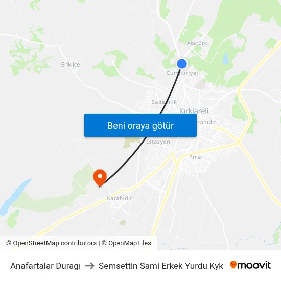 Anafartalar Durağı to Semsettin Sami Erkek Yurdu Kyk map