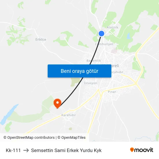 Kk-111 to Semsettin Sami Erkek Yurdu Kyk map