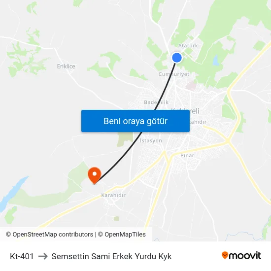 Kt-401 to Semsettin Sami Erkek Yurdu Kyk map