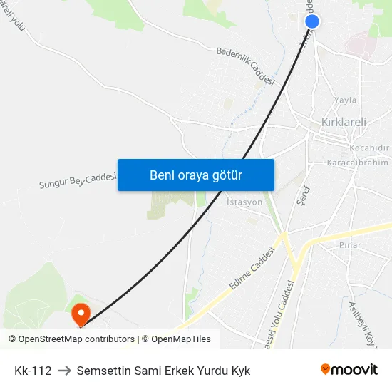 Kk-112 to Semsettin Sami Erkek Yurdu Kyk map