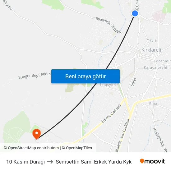 10 Kasım Durağı to Semsettin Sami Erkek Yurdu Kyk map