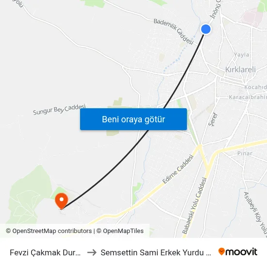 Fevzi Çakmak Durağı to Semsettin Sami Erkek Yurdu Kyk map