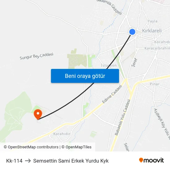 Kk-114 to Semsettin Sami Erkek Yurdu Kyk map