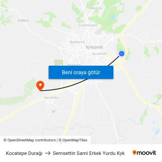 Kocatepe Durağı to Semsettin Sami Erkek Yurdu Kyk map